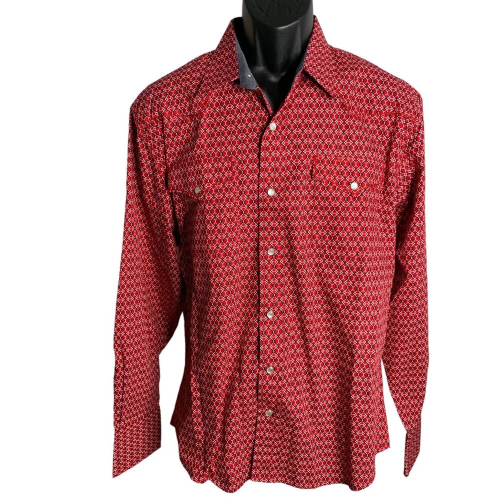 Rodeo Pearl Snap Western Shirt L Red Geometric Pockets One Point Long Sleeves
